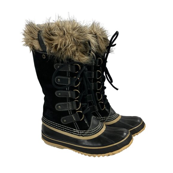 SOREL Joan Of Arctic Winter Boots Womens Size 7 Black Fur Trimmed - Picture 1 of 7